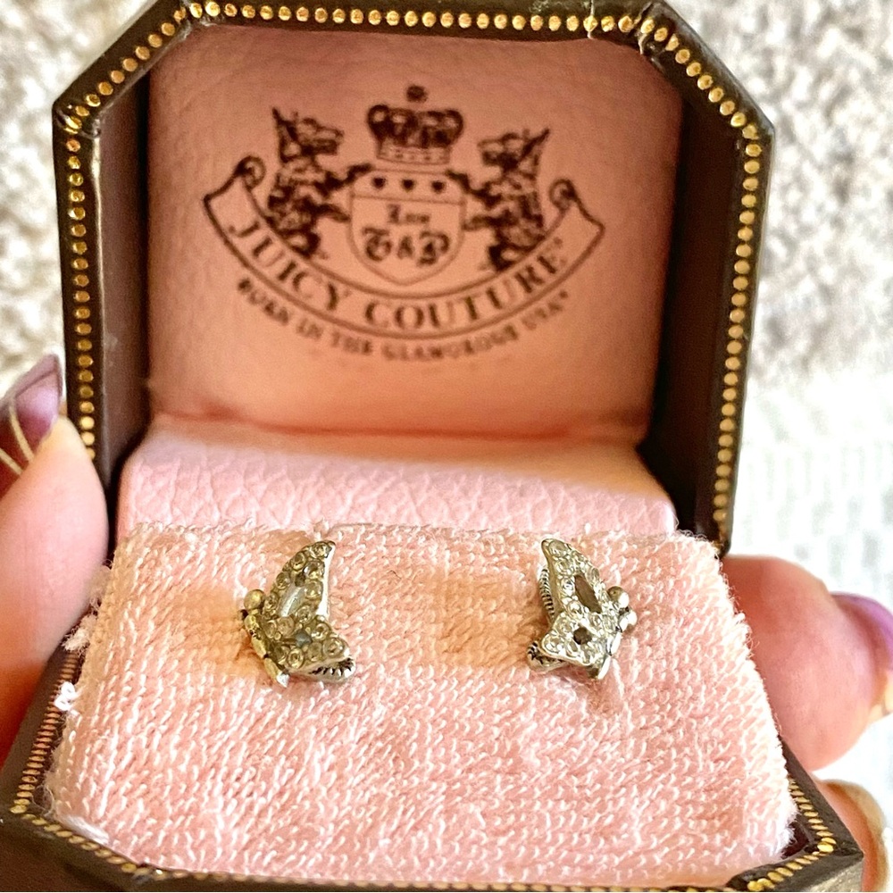 Juicy Couture Silver Stud Earrings with Dainty crystal butterflies in the box